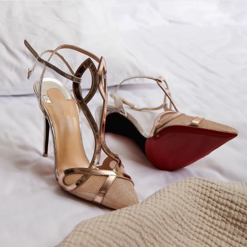 New Fashion Rhinestone Crystal Patent Leather Buckle Pointed Toe Super High Heel Slim Heel Mixed Colors Sandals Women's Shoes