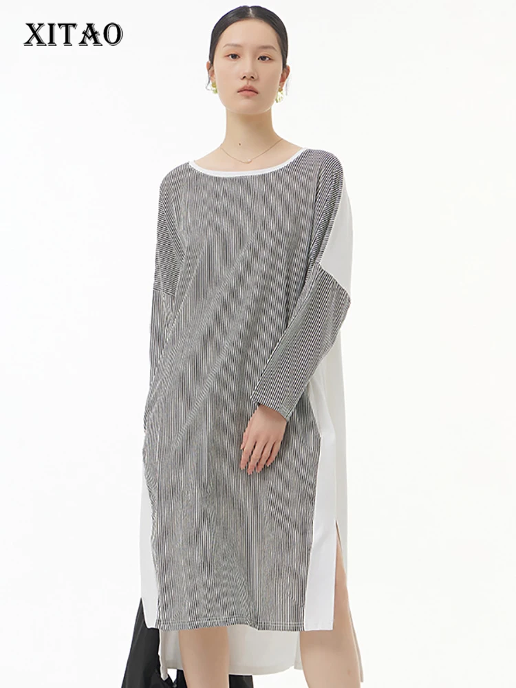 

XITAO повседневное свободное платье-футболка контрастного цвета с полосатым простым пуловером женское платье 2022 с длинным рукавом Новое WMD5180