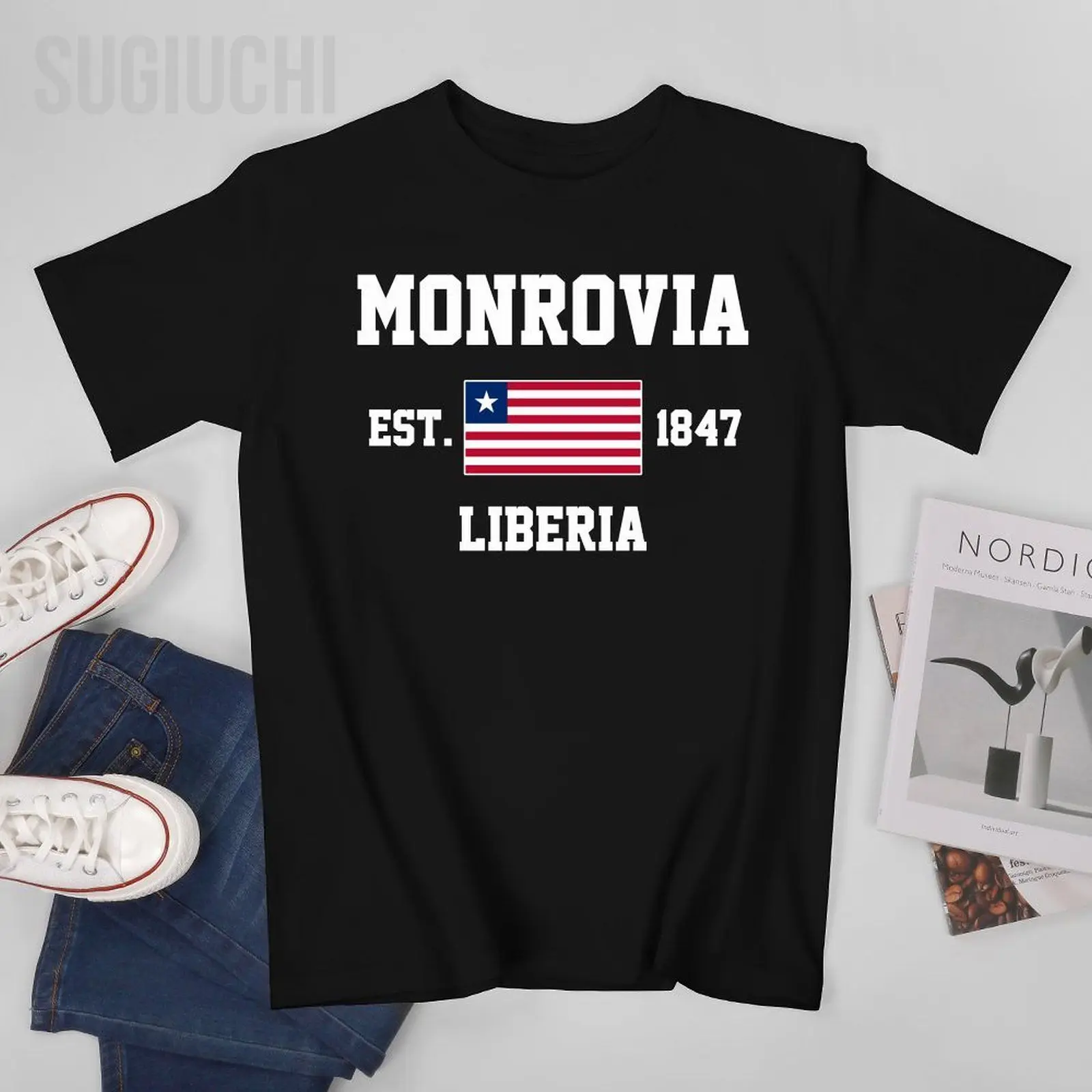 Фото Патриотический флаг Liberia EST.1847 Monrovia Мужская футболка Футболки Футболки с круглым вырезом №1