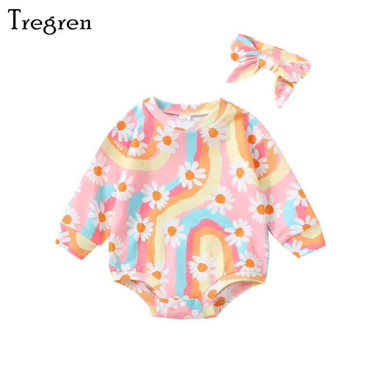 

Tregren 0-18M Newborn Infant Baby Girls Romper Casual Long Sleeve Crew Neck Flower Print Jumpsuit with Hairband Fall Clothes