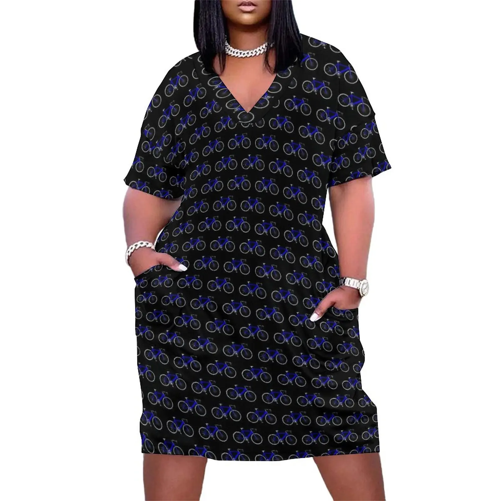 

Vintage Bicycles Dress V Neck Blue Bikes Print Elegant Dresses Ladies Aesthetic Graphic Casual Dress With Pockets Plus Size 4XL