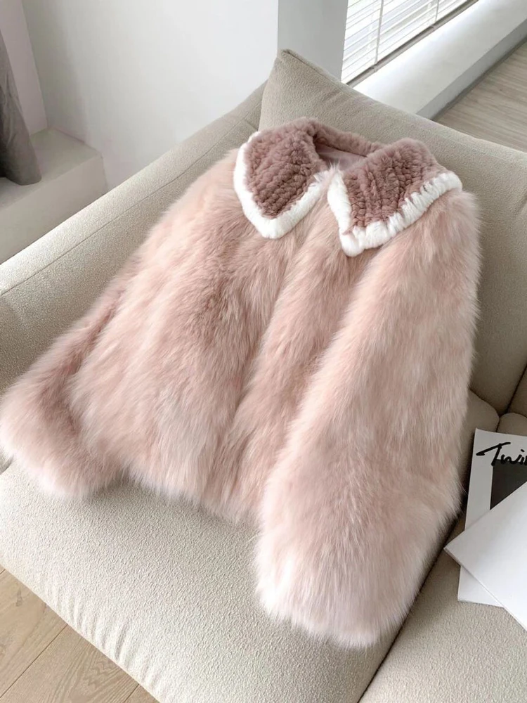 

Модное женское короткое пальто с розовым мехом, новинка зимы 2022, утолщенный теплый меховой топ с имитацией лисьего меха