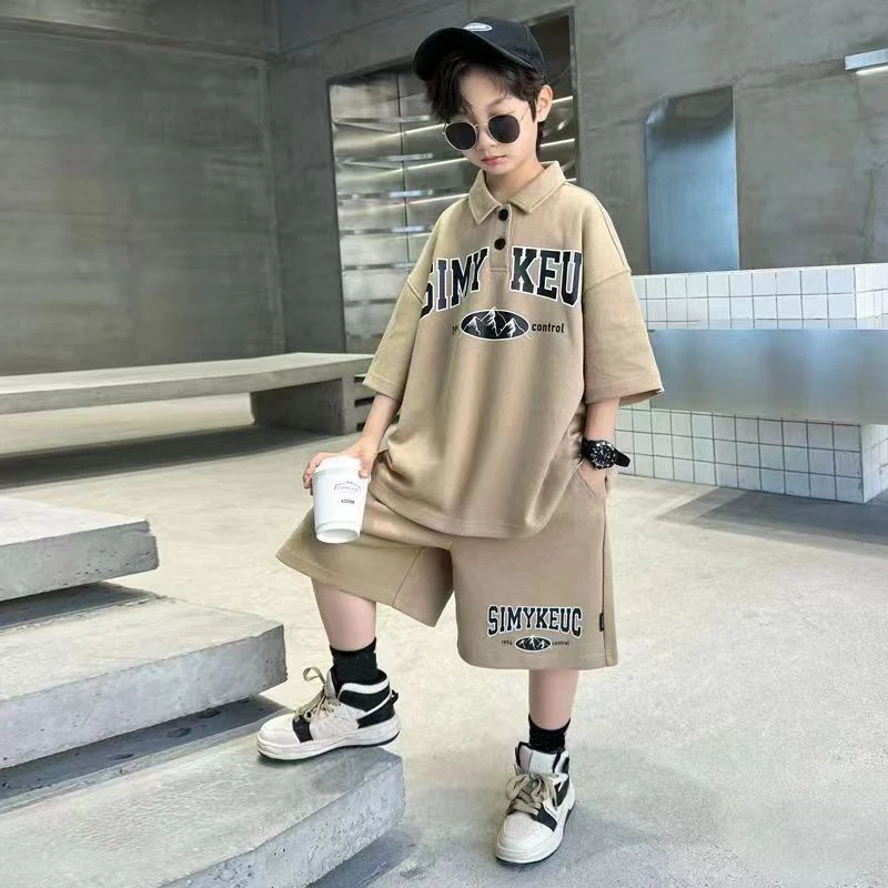 2023 Boys Girls Summer Suit Kids Short Sleeve T-shirt + Pants 2piece Sets Big Child Loose Sportswear Clothes 6 8 10 12 14 16