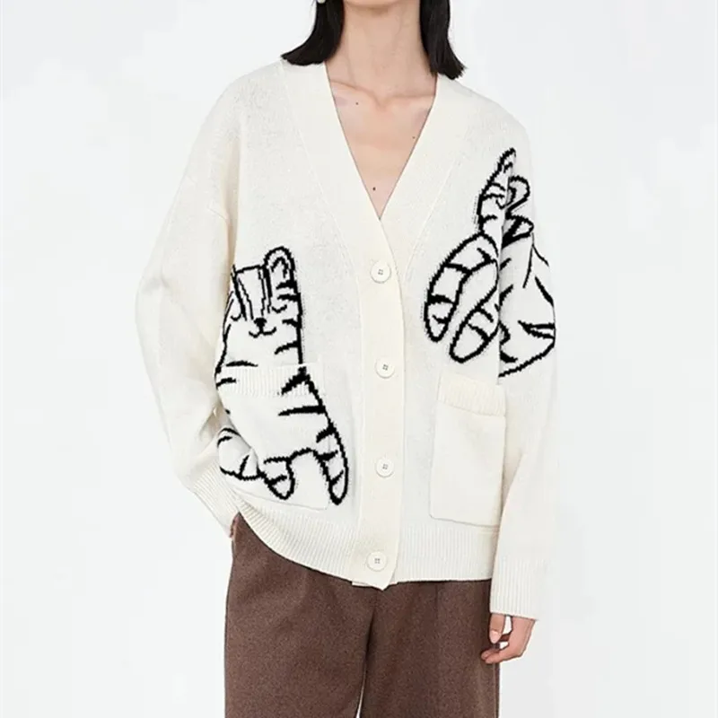 

Tiger Pattern Jacquard women Knit Sweater 2022 Spring new Single Breasted V-neck Knitwear Coat Long Sleeve Loose Cardigans
