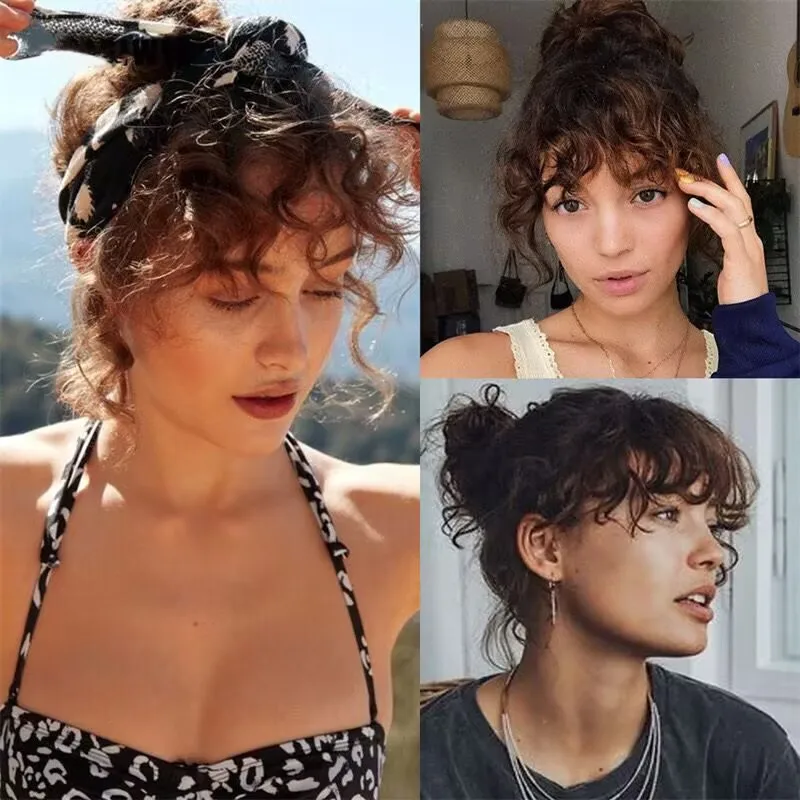 Wool rolls air bangs wig pieces bangswig pieceswomen's natural simulated hair fluffy small curls fake on the fore