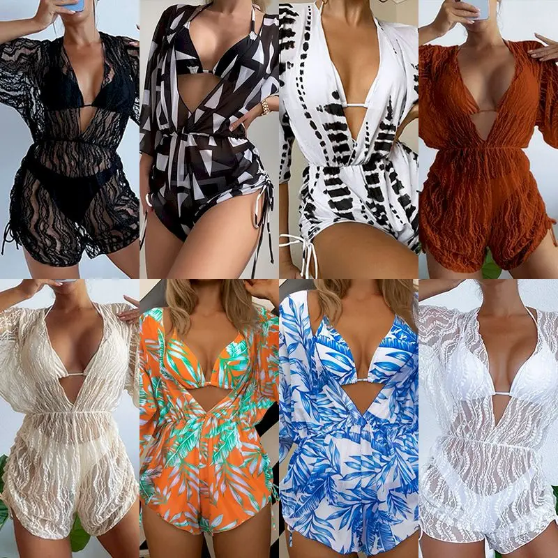 

Sexy Lace Up Halter Triangle Women Swimsuit Three Pieces Bikinis Sets Hollow Out Tunic Loose Cover Up for Woman Swimwear 2023