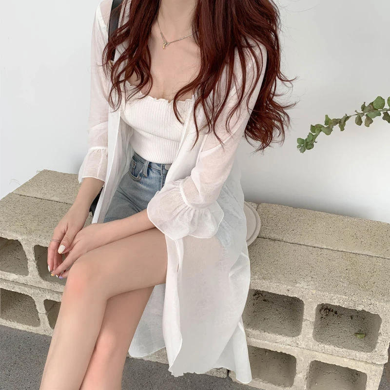 Женское летнее тонкое шифоновое пальто Geskeey черное солнцезащитное с