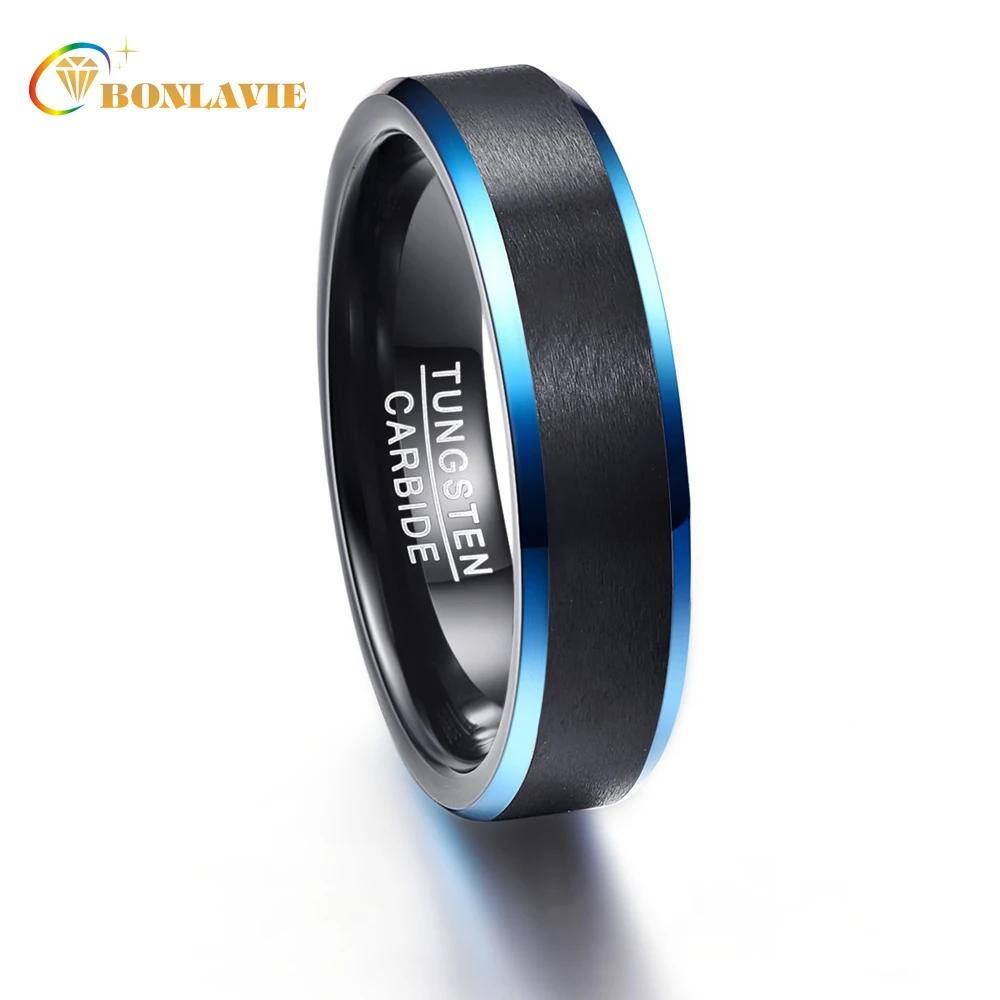 

Black Matte Surface Blue Edge Promise Band Men Rings Middle 100% Tungsten Carbide Multi-size Anillos para hombres Pierscienie