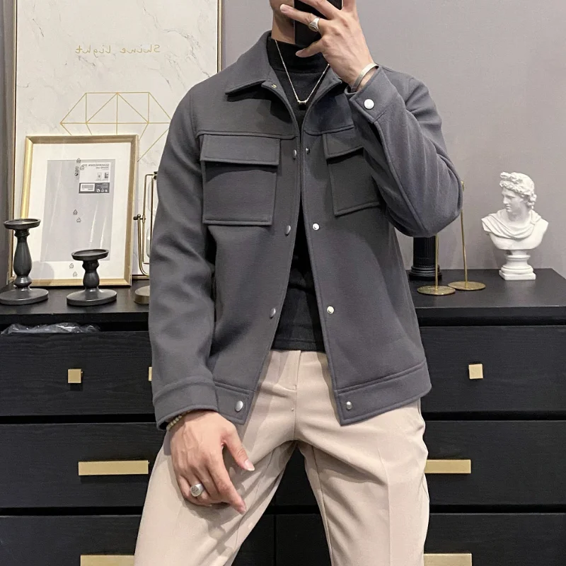 Autumn Winter Wool Men's Jackets Korean Style Casual Slim Lapel Big Pocket Jacket Solid Color Social Coat Jaqueta Masculina 2022