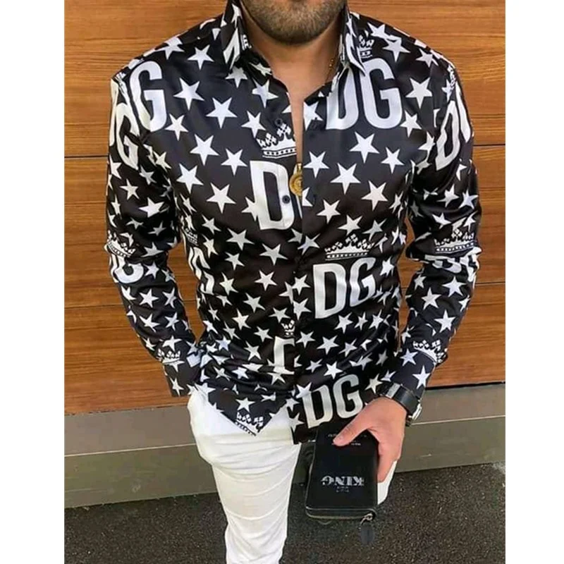 

Hot Sale European American Mens Shirt Business Casual Fashion Letter Print Brand Tops Single-Breasted Cardigan Long Sleeve Shirt