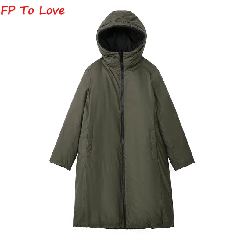Double Sided Long Jacket Winter Warm Cotton Hooded Coat Woman Outwears PB&ZA Female Streetwears 8073228