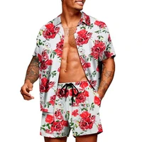 mens sets fashion printed short sleeve hawaiian shirt drawstring beach shorts men summer mens clothing two piece set beachwear