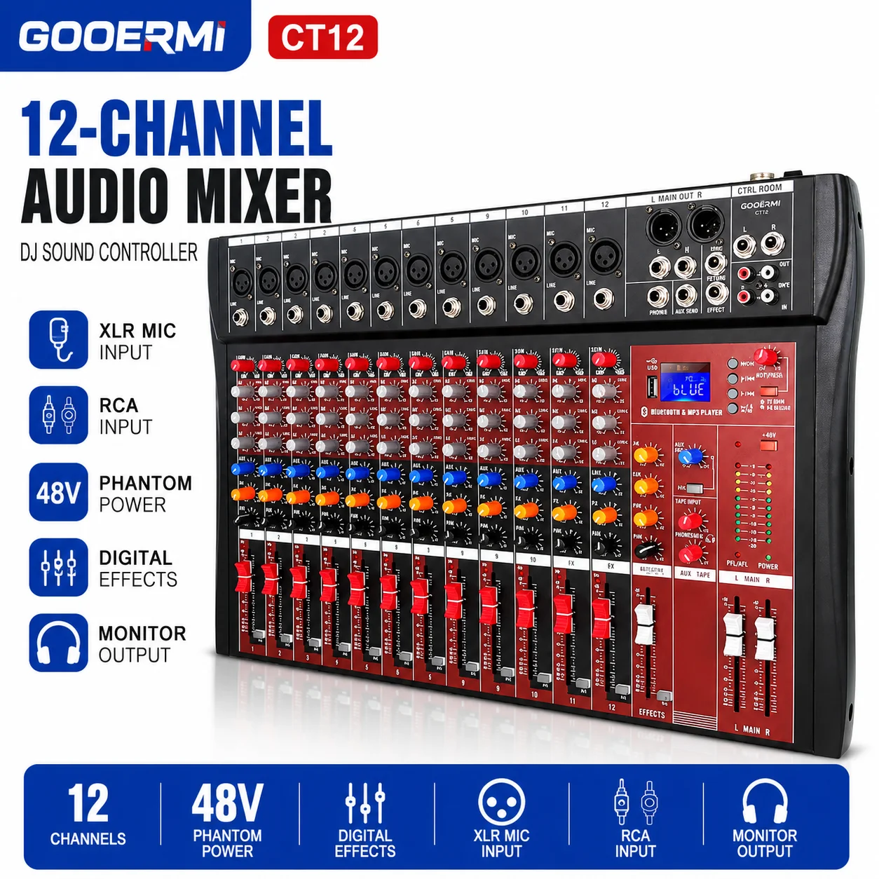 Фото Аудиомикшер Gooermi CT12 с 12 каналами, цифровыми эффектами, фантомным питанием 48В, входами XLR и RCA для студийного микширования и работы диджеев №1