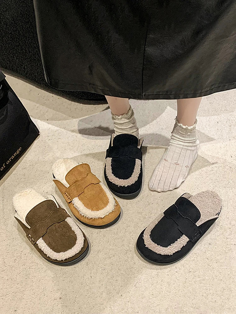 Обувь Тапочки Плоские средние шлепанцы с закрытым носком Платформа Меховые Флок