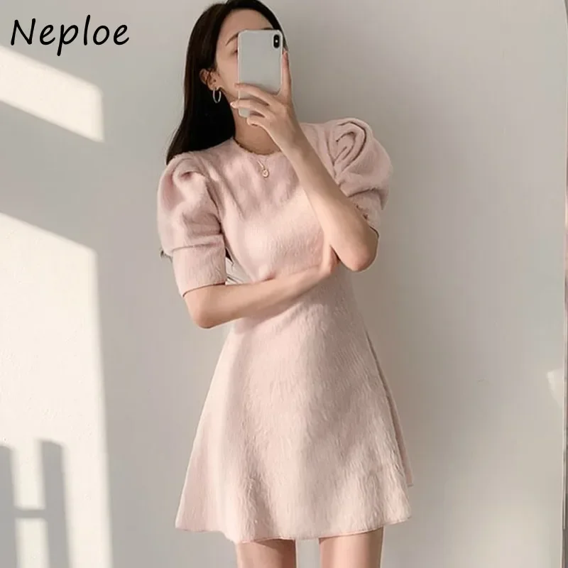Neploe корейский с высокой талией бедра ТРАПЕЦИЕВИДНОЕ ПЛАТЬЕ Женский пуловер