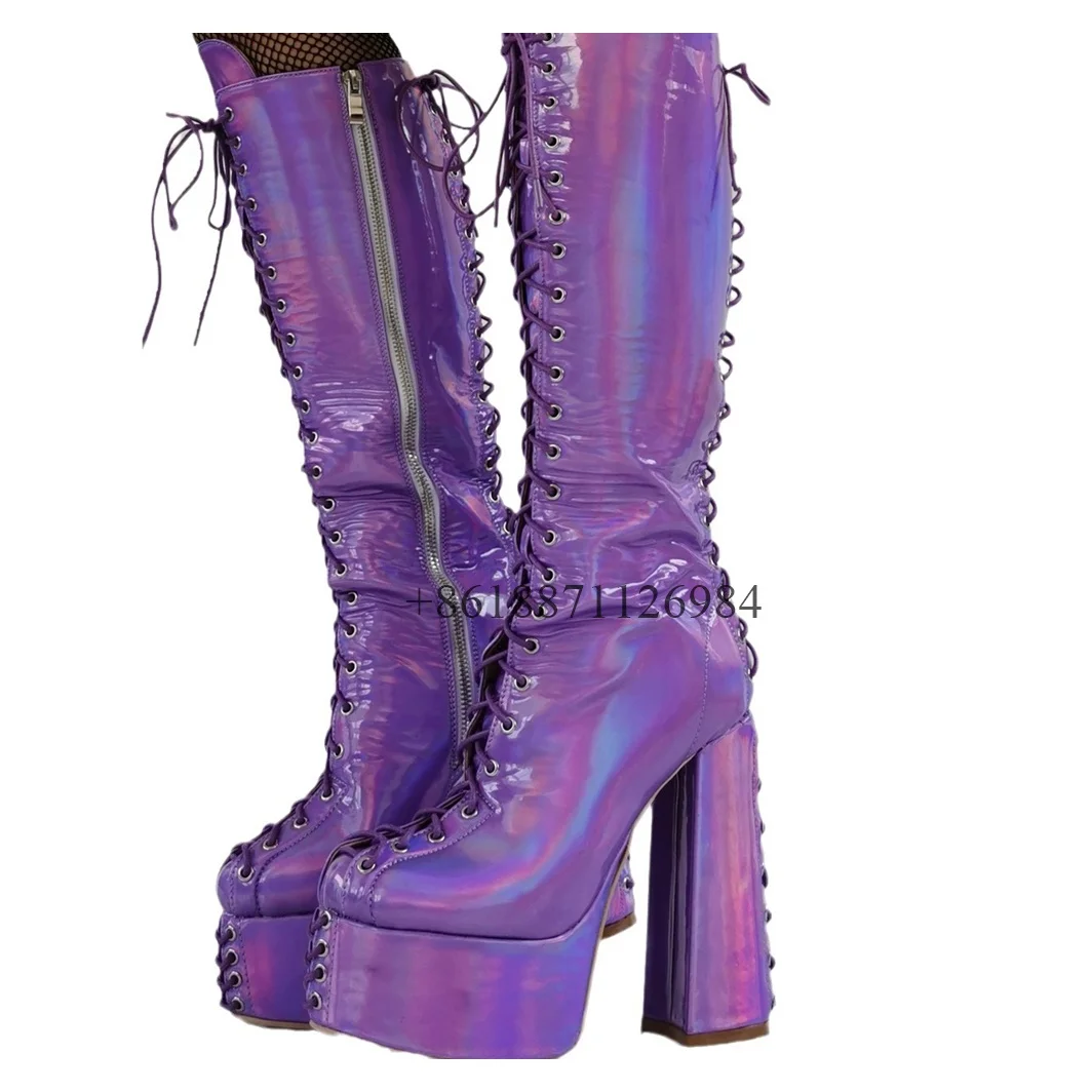 Женские ботинки на платформе готические зеркальные шнуровке с круглым носком
