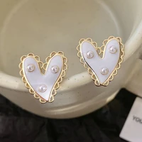 fashion women heart shape stud earrings trim artificial pearl white color cute minimalism gifts for women girl birthday 2022