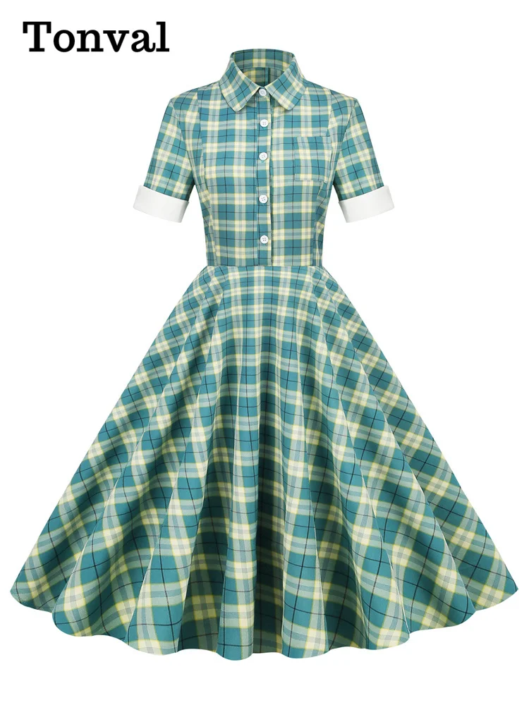 

Tonval Turn-Down Collar Button Up Summer Shirt Dress Short Sleeve Women Green Plaid Vintage A-Line Midi Swing Dresses