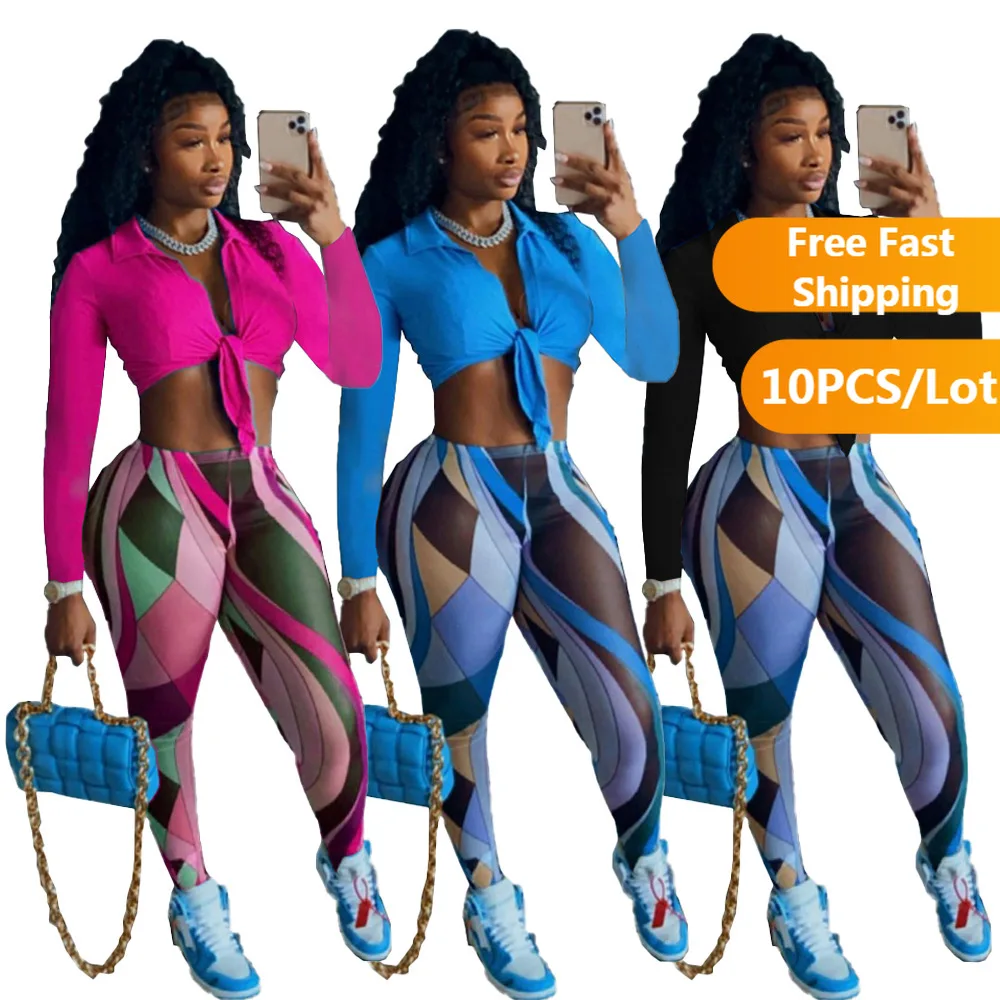 

Wholesale Items for Boutique Spring Women Two Piece Sets Long Sleeve Shirts Printed Leggings Skinny Co Ord Set for Women Outfits