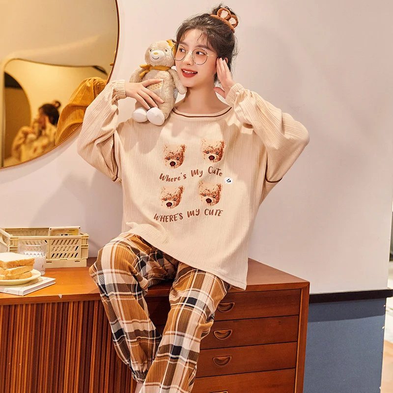 2022 new style pajamas women's autumn winter long sleeved trousers set pure cotton simple leisure cartoon girls' home clothes