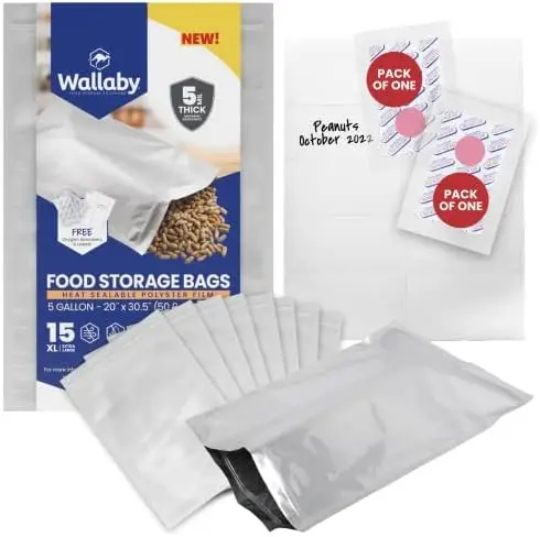 

5 Gallon Mylar Bag Bundle - Silver (5 Mil) With 20 Single Sealed Oxygen Absorbers & Labels - Resealable Zipper, FDA Grade, Yk