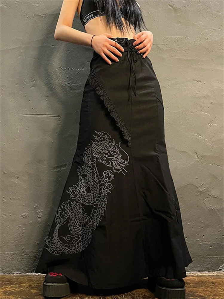 

Gothic Dark Dragon Print Woven Skirt 2022 New Lace Stitching Straps High Waist Fishtail Long Skirt Fairy Grunge Y2k Retro Dress