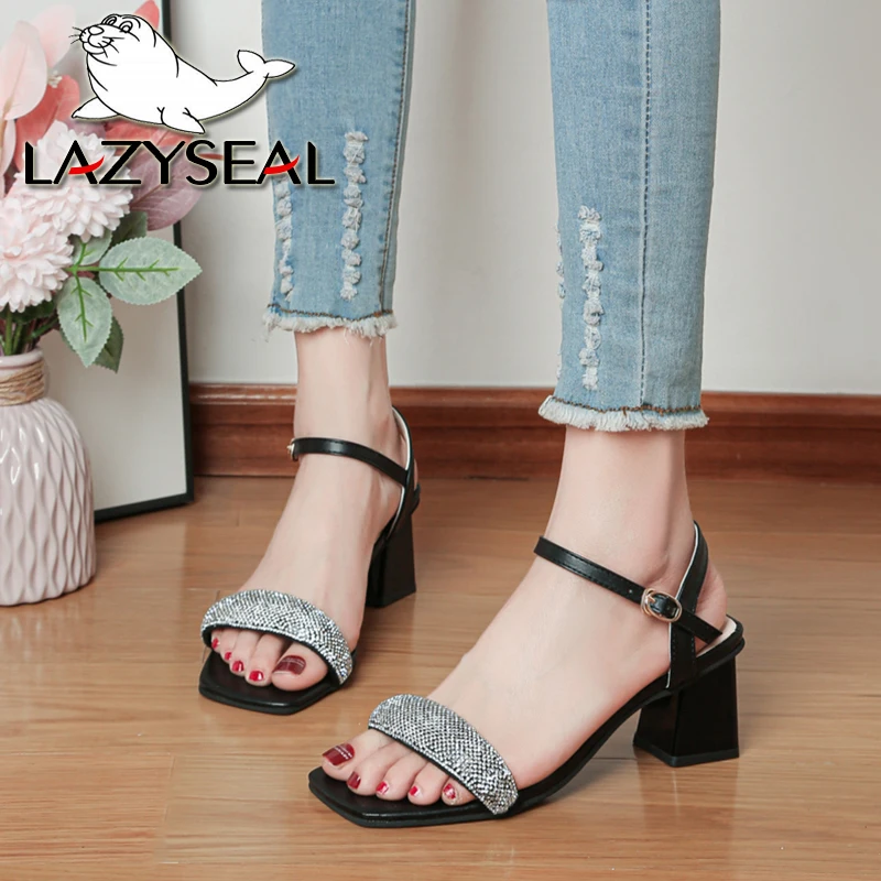 

LazySeal Square Heel Women Sandals Crystal Microbier Upper Casual Slide Open Toe 5.5CM High Heels Size 42 Summer Modern Sandals