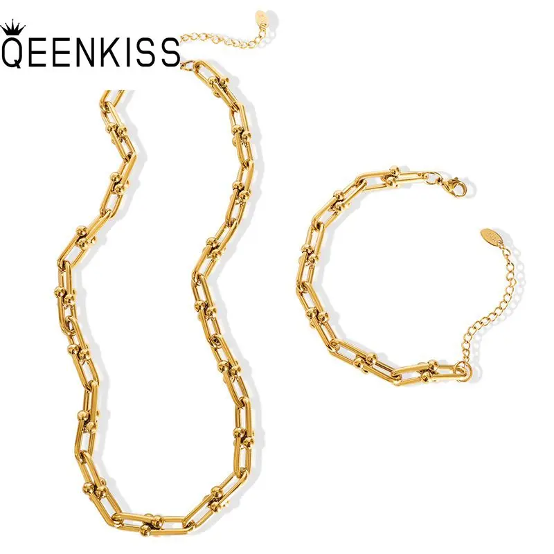 

QEENKISS JS808 Fine Wholesale Fashion Party Birthday Wedding Gift Titanium Stainless Steel U Chain Necklace+Bracelet Jewelry Set