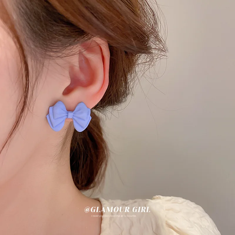 

Trendy Bowknot Metal Women Charm Stud Earrings Pink/Blue Bow Korean Fashion Female Elegant Jewelry Girls' Collection Earring