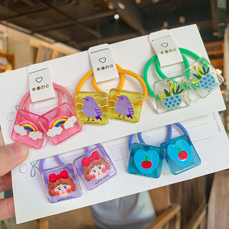 Cartoon Square Bird Pineapple Rainbow Elastic Hair Band For Girl Kids Cute Kawaii Braid Rubber Ties Gift