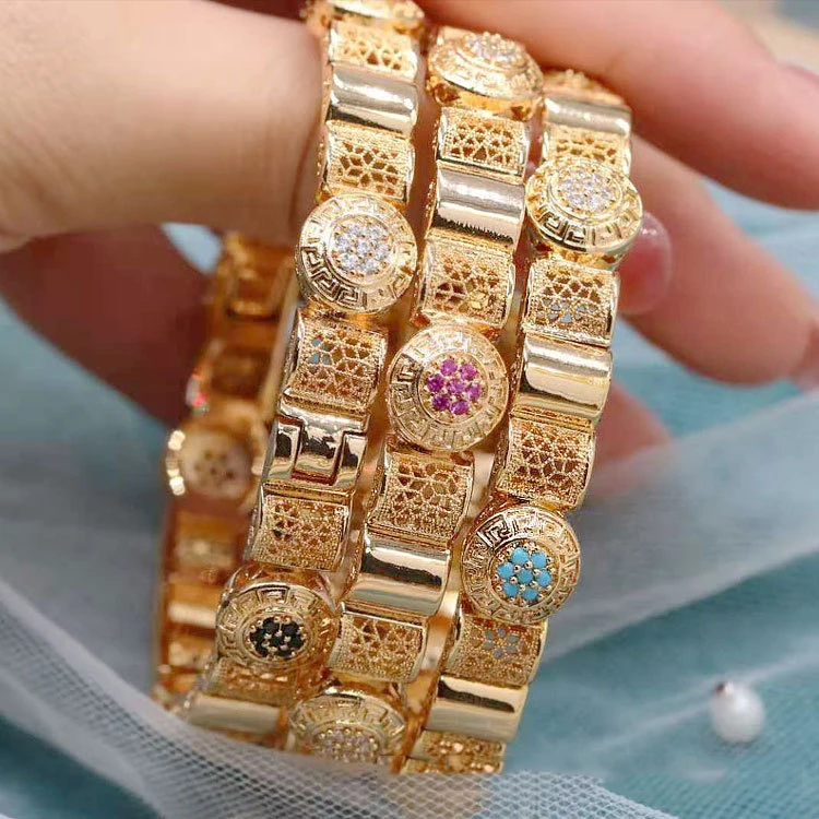 

Arab Dubai 24K Gold Bracelet Woman Gold Bracelet Flower Wedding Bride Bracelet High Quality Copper Gold Plated Bracelet