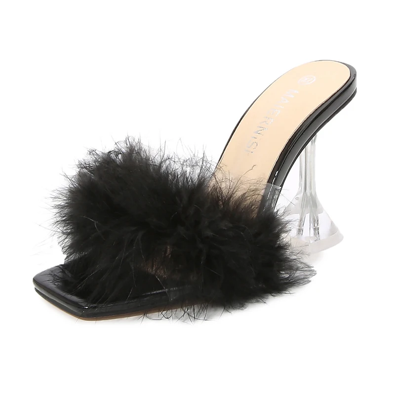 

Summer Women Pumps Sandals Feather PVC Jelly Slippers Open Toe High Heels Women Transparent Perspex Slippers Shoes Heel Clear