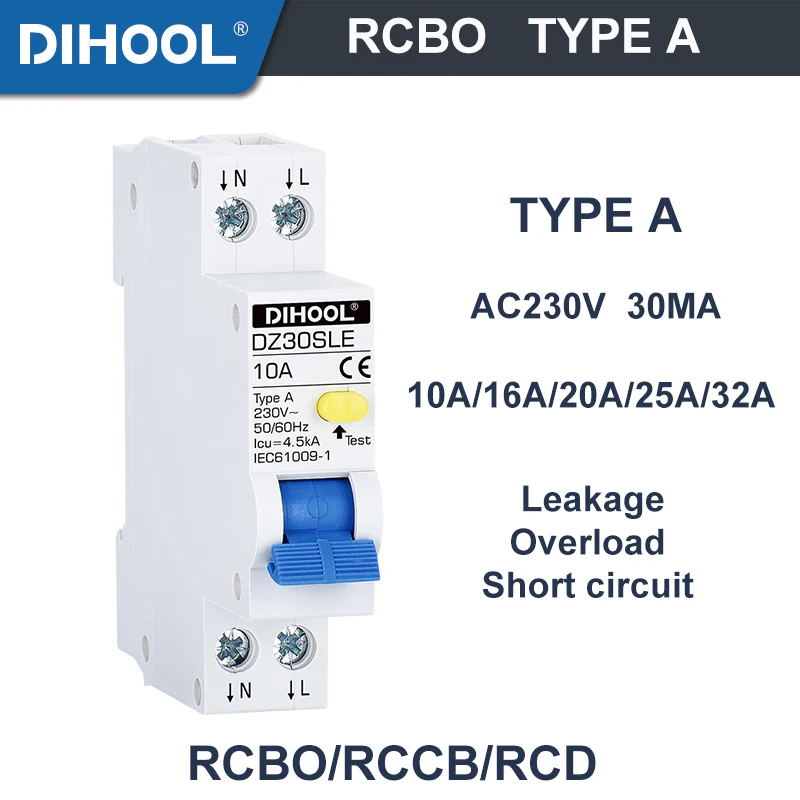 

Residual Current Circuit Breaker RCBO Type A 30MA RCD MCB RCCB 1P+N 10A 16A 20A 25A 32A Leakage Protection