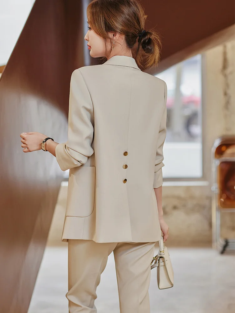 

Женский свободный брючный костюм, однотонный деловой костюм из двух предметов, пиджак и брюки кофейного/бежевого/черного цвета