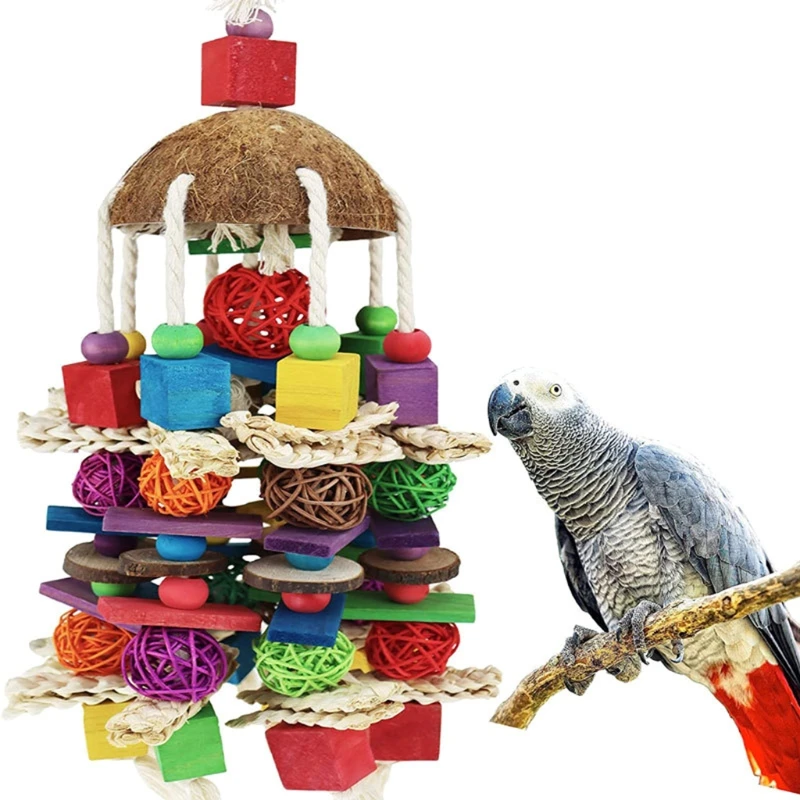 

Parrot Wooden and Rope Chewing Toy 21.7 x 5.9 Inches Multi Colored Wood Blocks Beads and Cotton Rope Hanging Cage Decor Y5GB