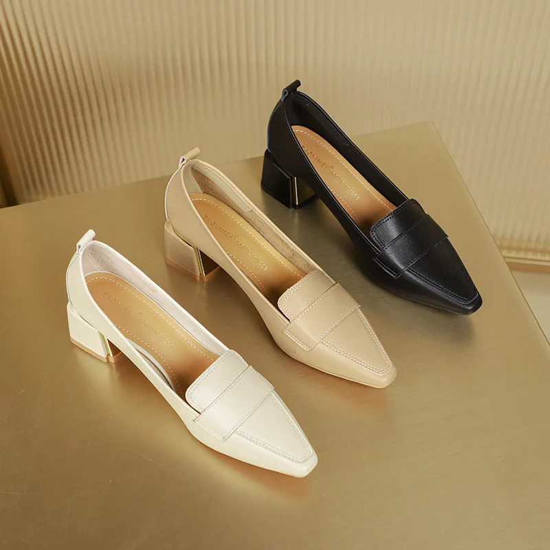 

Мокасины женские из натуральной кожи, туфли на каблуке с пряжкой, квадратный носок, классические мокасины, осень