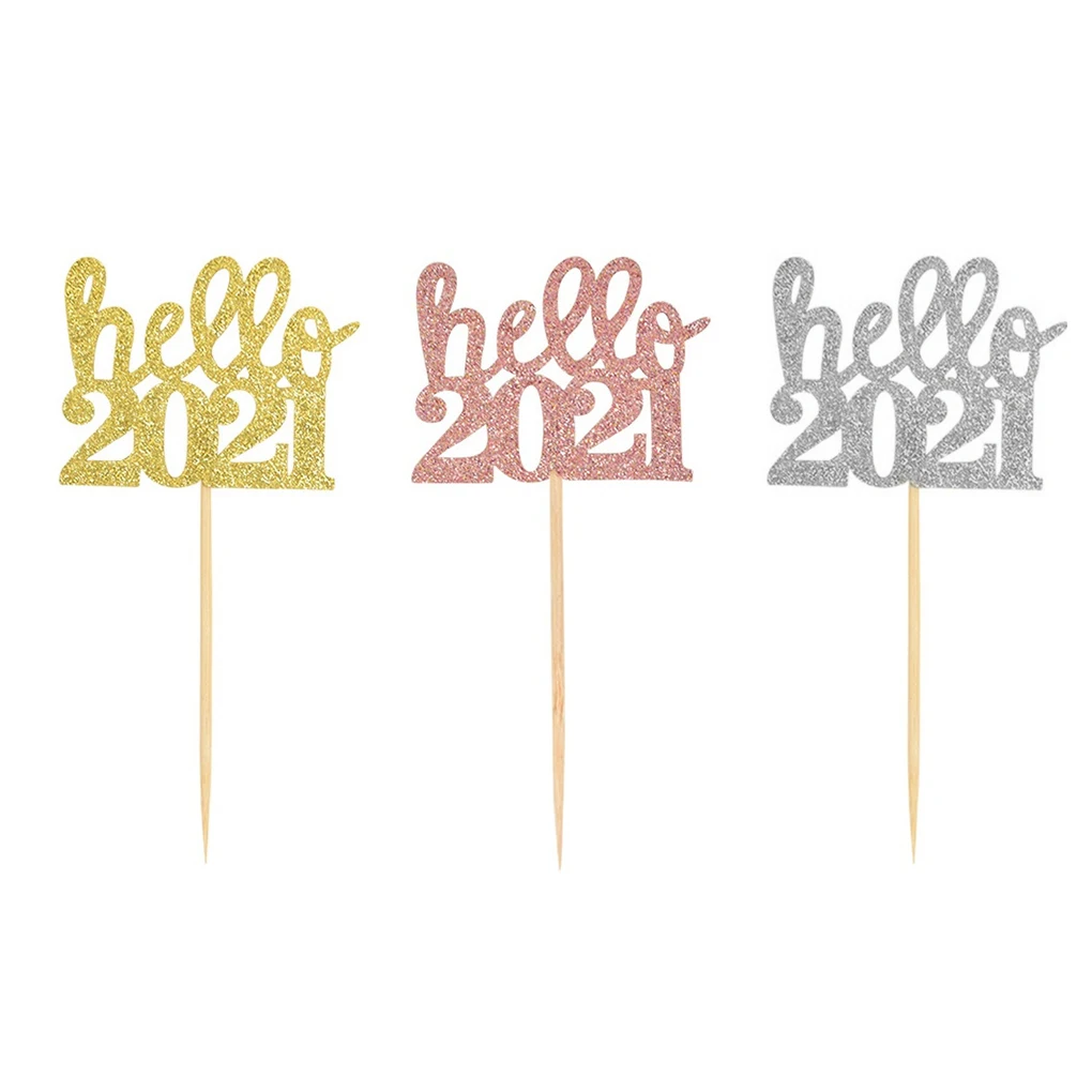 

12pcs Rose Gold Hello 2021 Number Cupcake Toppers Happy New Year Cake Decorations For Christmas New Year Party Supplies