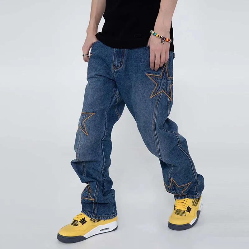 Harajuku Five Stars Embroidery Spliced Streetwear Casual Mens Denim Trousers Washed Hip Hop Oversized Loose Jeans Pants