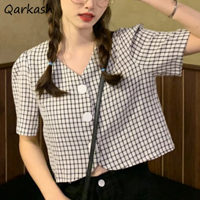 

Plaid Shirts Women Kawaii Baggy Aesthetic Summer Clothing Casual Vintage Design Temper Girlish Minority Streetwear Thin Basics