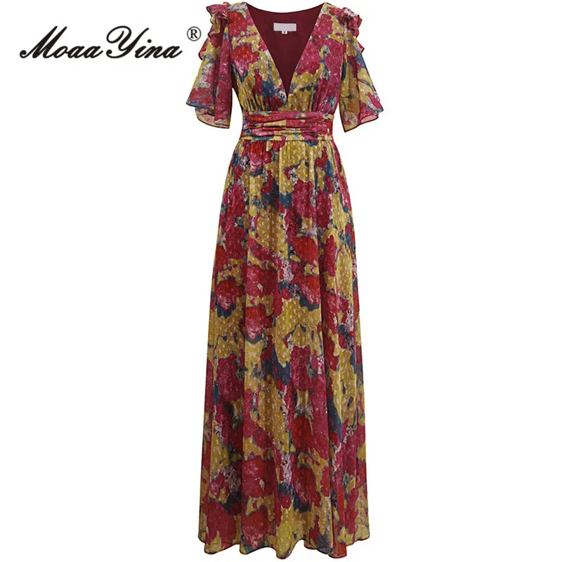 

Женское винтажное платье с цветочным принтом MoaaYina, плиссированное платье с v-образным вырезом, высокой талией и оборками, праздничное вечерние, весна