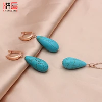 shenjiang new vintage water drop synthetic turquoises dangle earrings jewelry sets for women wedding 585 rose gold jewelry