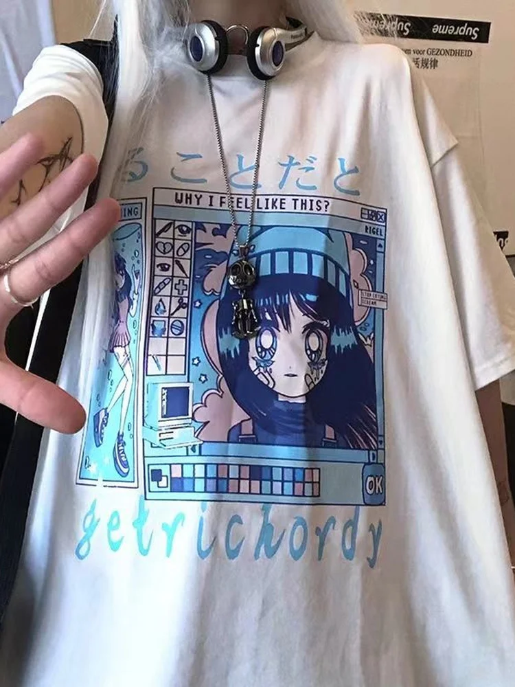 Deeptown Women's T-shirt Kawaii Anime Graphic Tshirt Japanese Cartoon Print Short Sleeve Top Street Hip Hop Harajuku Tees Summer