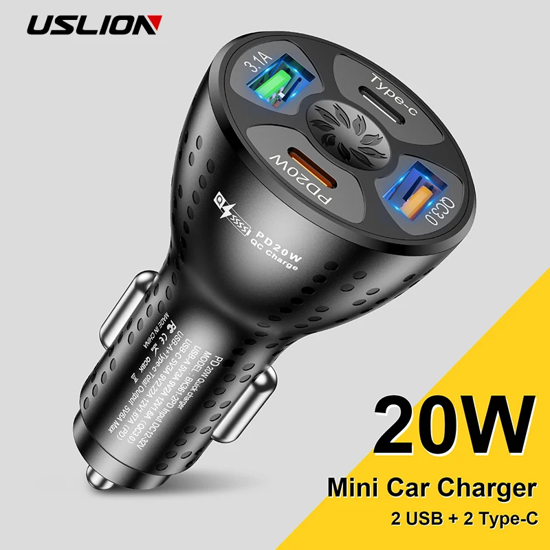

USLION PD 20W 4 Ports USB Car Charge Fast Charging QC PD 3.0 Quick Charge For iPhone 13 Xiaomi Huawei Phone Charger in Car