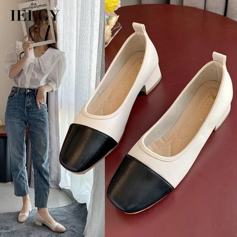 

IELGY ladies all-match Mary Jane square toe comfortable soft sole mid-heel grandma shoes