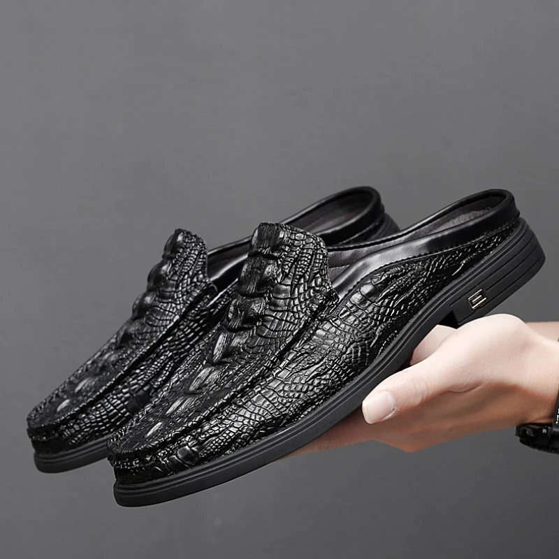 

Loafers Men Pu Fretwork Solid Color Business Casual Shoes Wear-resistant Fashion Comfortable Casual Half Baotou Slippers