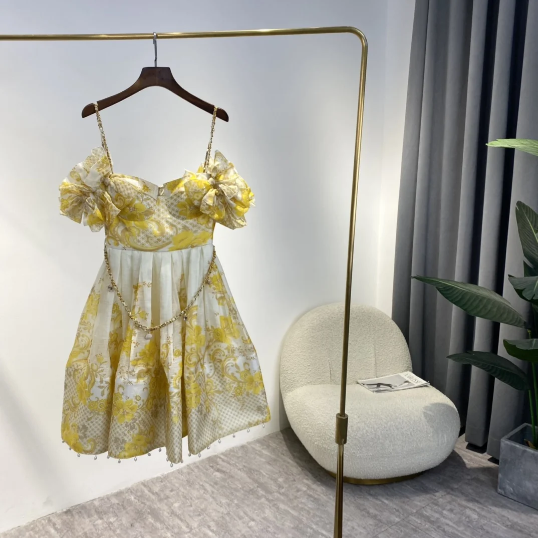 

Женское пляжное платье-трапеция, желтое платье с цветочным принтом, жемчужными бусинами и бантом на рукавах, весна 2022