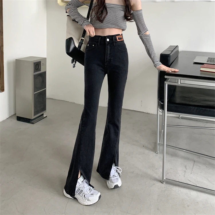

N0318 New loose all-match slit jeans women's high waist slim jeans