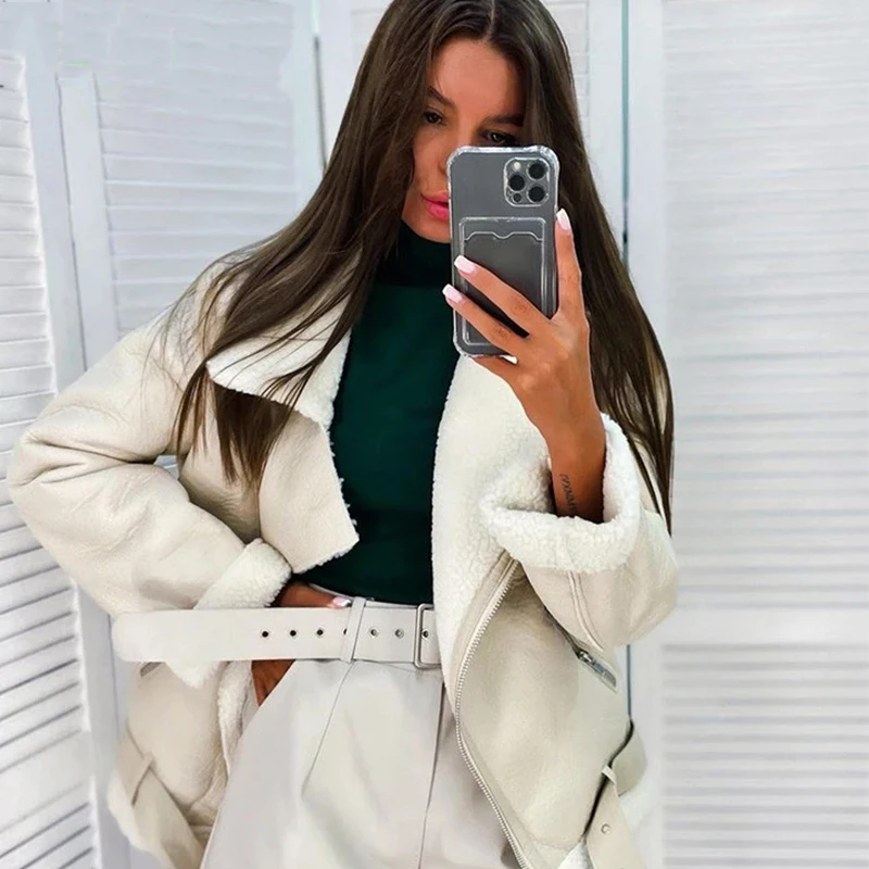 Casual Faux Fur Splicing Black Leather Jacket Thick Warm Winter Office Ladies Coat Women Streetwear Motorcycle New In Outwears