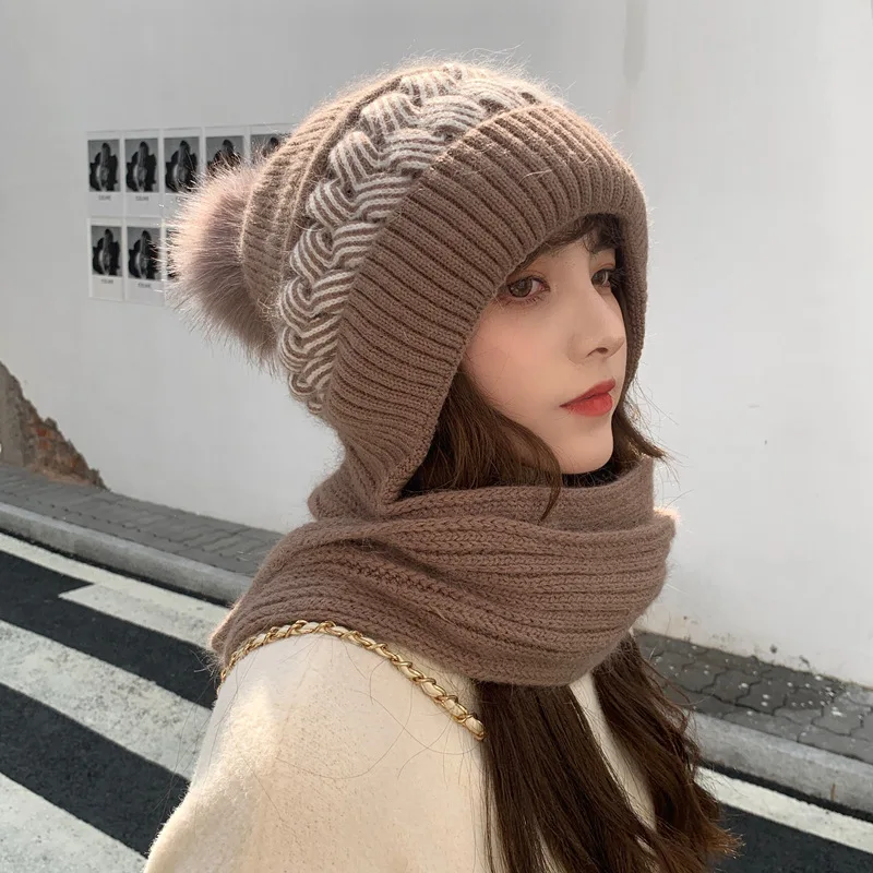 

Autumn Winter Warm Beanie Hats for Women 2023 Korean Fashion Knitted Bonnet Protective Ear Neck Thickened Ski Hat Hoodies Scarf
