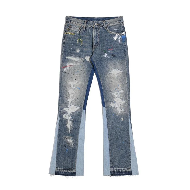 

22SS Colorful Paint Graffiti Print Ripped Embroidered Washed Jeans Men Women EU Size Heavy Fabric Pants Fashion Demon Slayer